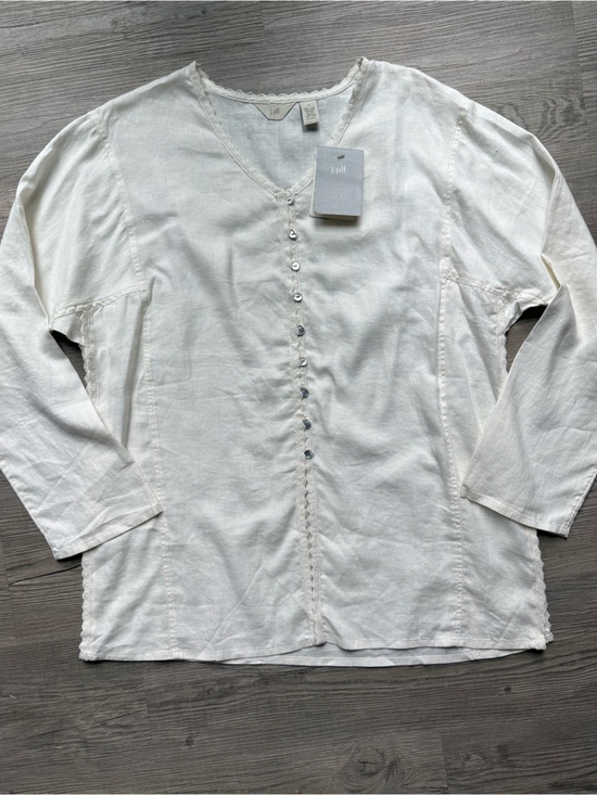 J. Jill Tops - J. Jill Blouse Women M Ivory New Linen Crochet Trim Button Front V-Neck 7218